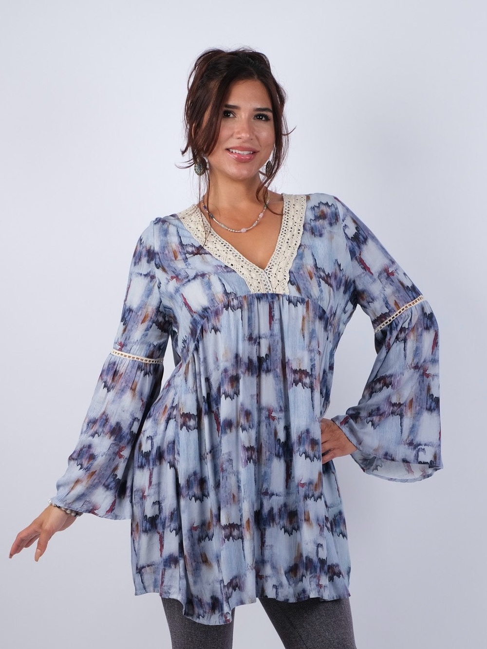 Sacred Threads Blue Tie-Dye Crochet V-Neck Bell Sleeve Tunic